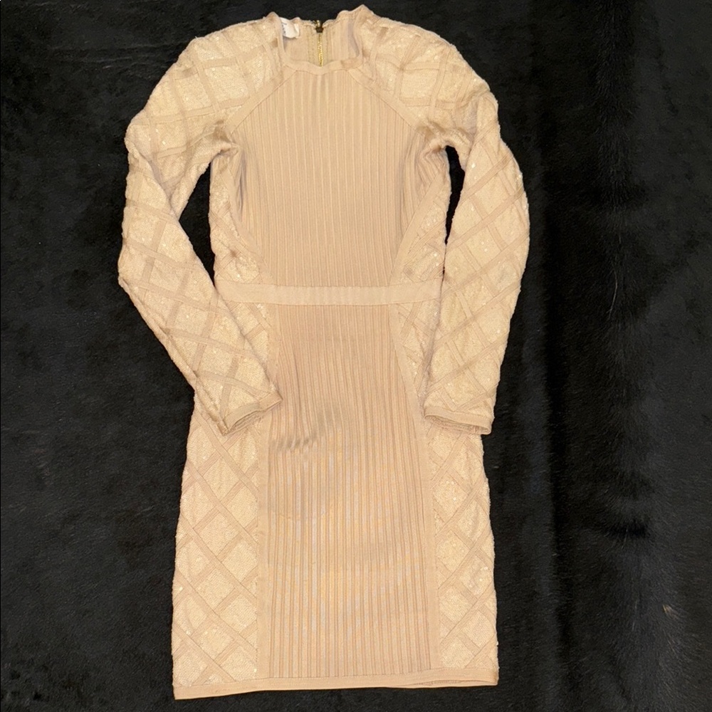 House of CB Cream Ribbed Mock Neck Sequins Bodycon Dress